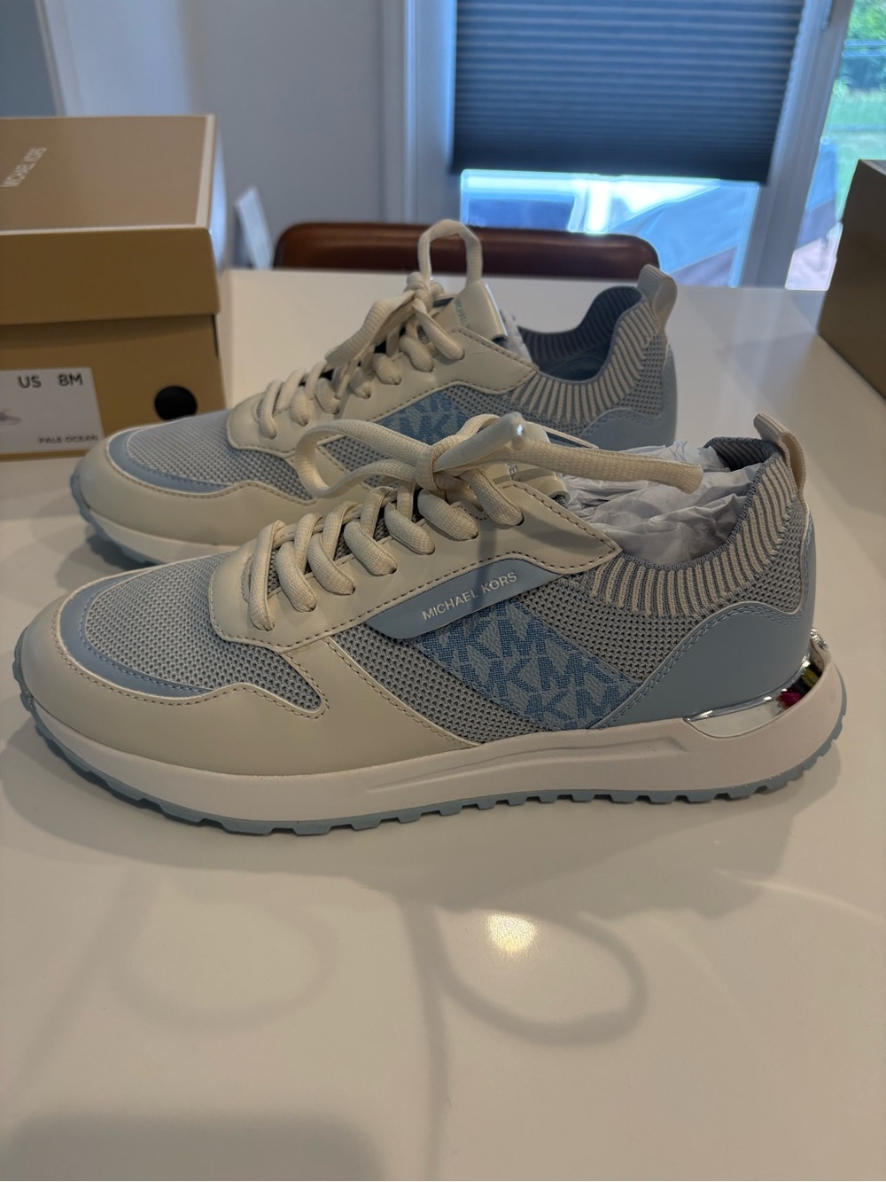 Michael Kors Kids Pale Blue and Cream MK Logo Sneakers